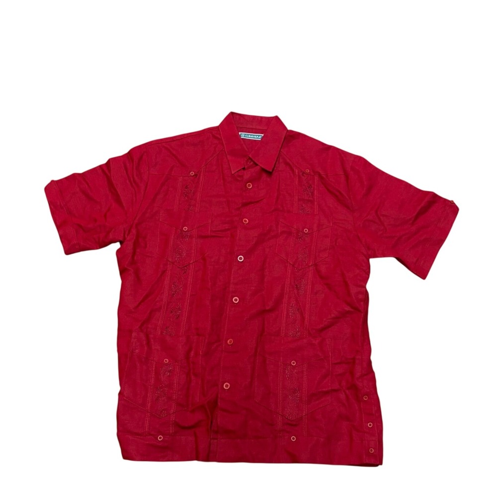 Cubavera Mens Red Embroidered Guayabera Short Sleeve Button Down Shirt Size M
